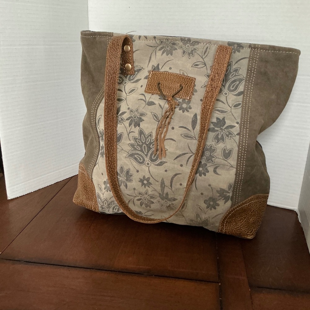 Myra Bag Upcycled Canvas Floral Leather Tote Shoulder Bag Gray Tan S-1258